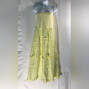 Chic Tiered Ruffle Maxi Sundress Yellow Spaghetti Strap Size L